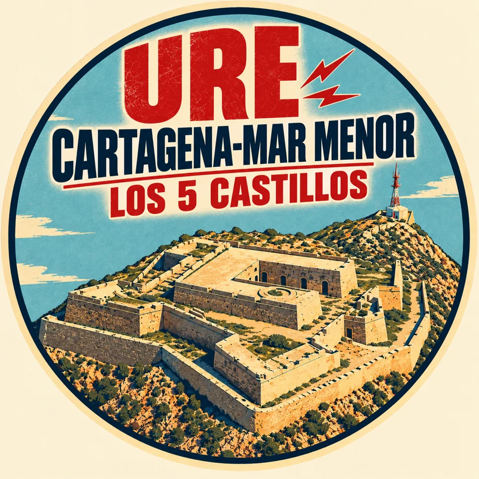 Emblema retro de URE Cartagena–Mar Menor, Los 5 Castillos, con la ilustración de una fortaleza